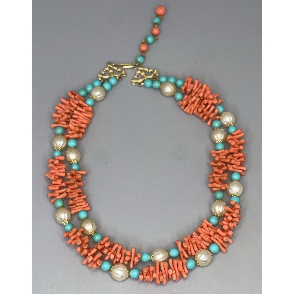 Vtg Double Strand Coral Turquoise Beaded Necklace 15" Long Estate Jewelry Beachy